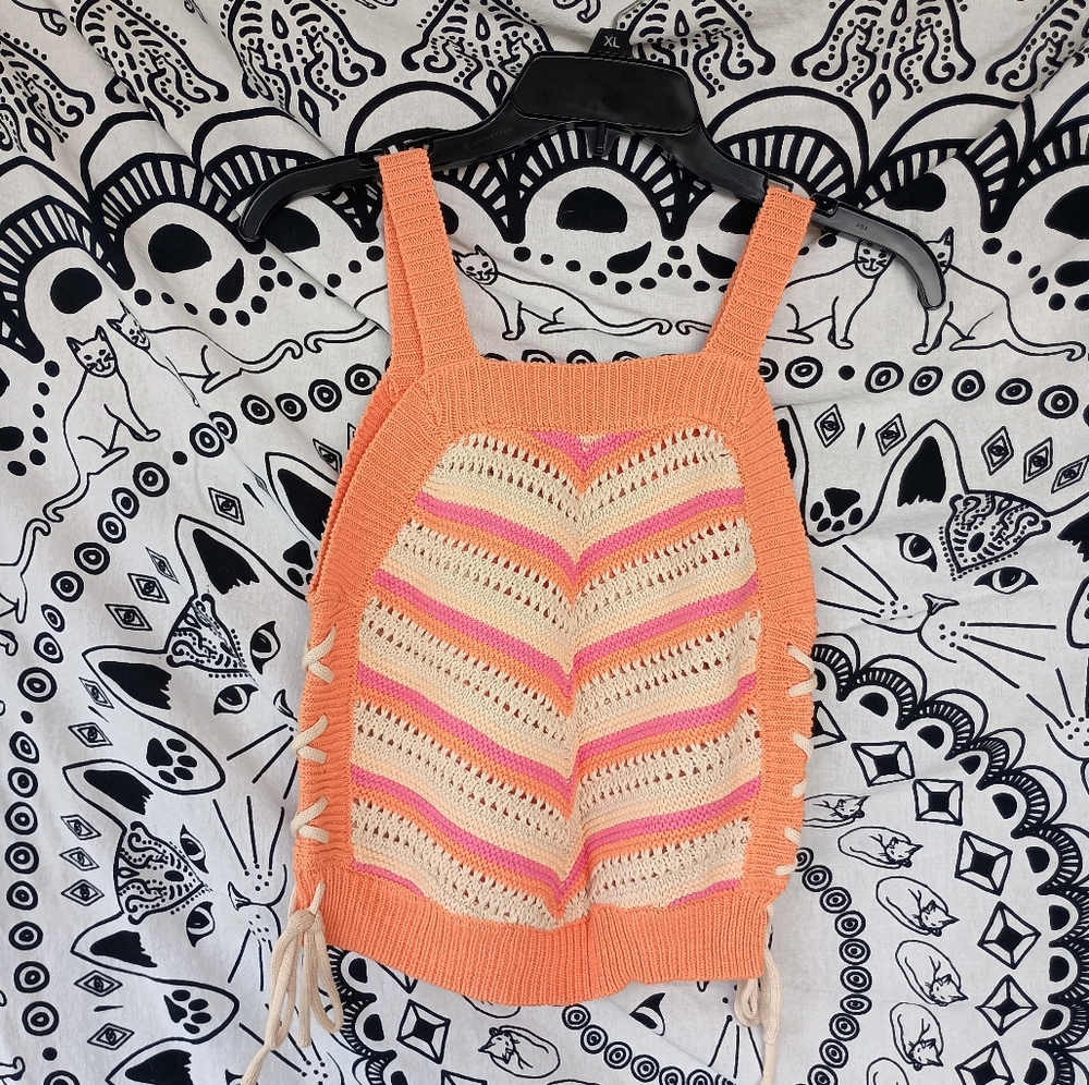 BCBG Orange Crochet Striped Lace Up Tank Top